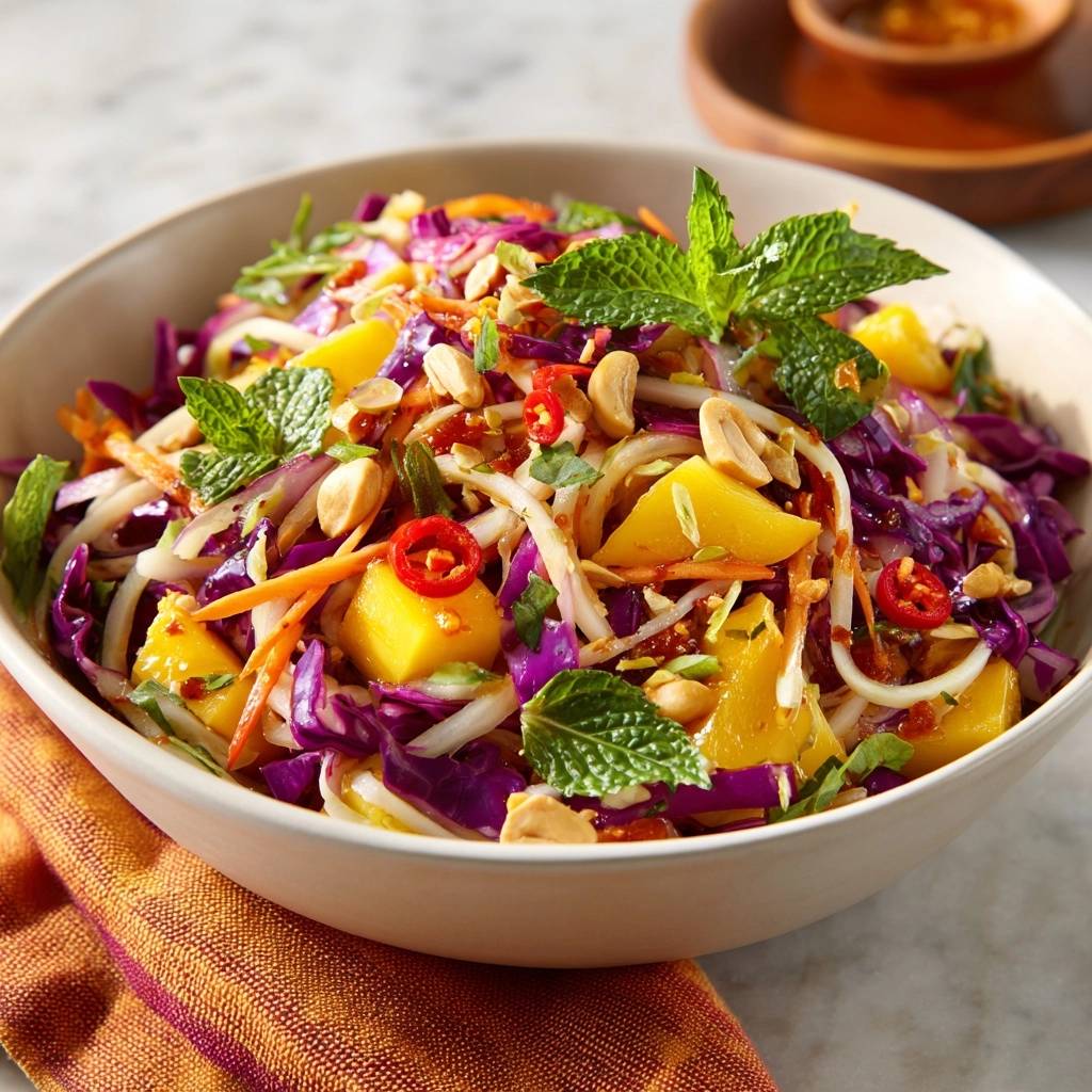 Knackiger Kraut-Mango-Nudel-Salat mit frischer Minze und Erdnüssen als Garnitur in einer Schüssel.