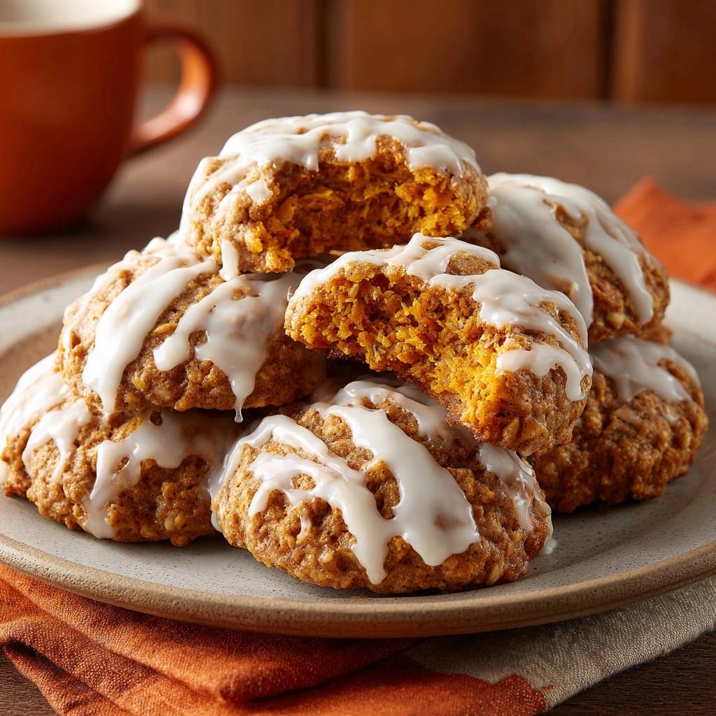 Kürbis-Haferkekse mit Zuckerguss, angeschnitten, zeigen die saftige Textur und den süßen Zuckerguss.