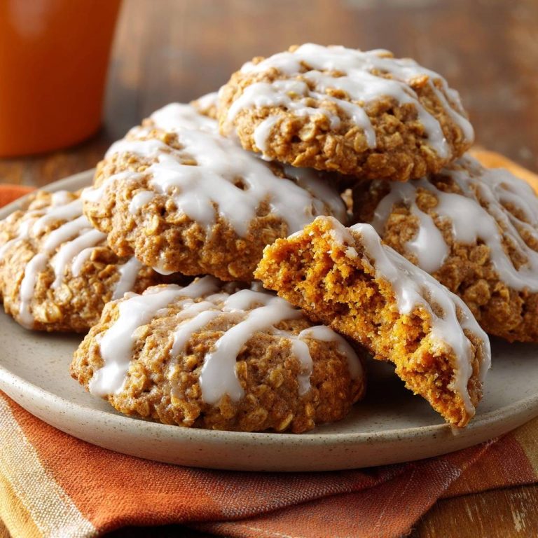 Kürbis-Haferkekse mit Zuckerguss, ein Keks ist angeschnitten und zeigt die saftige Innenseite mit Haferflocken.
