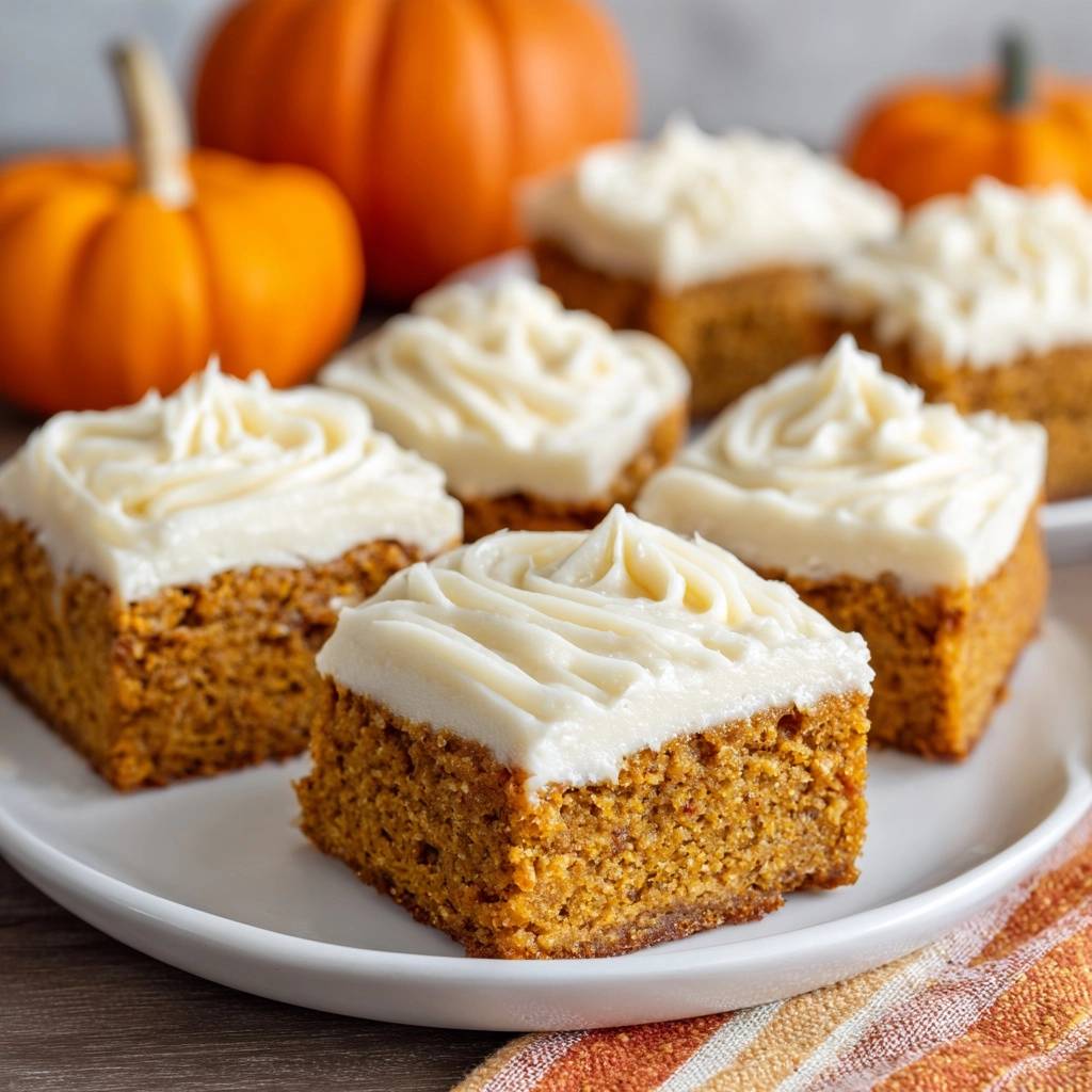 Saftige Kürbis-Squares mit Frischkäse-Frosting auf einem Teller in Nahaufnahme mit Kürbissen im Hintergrund.