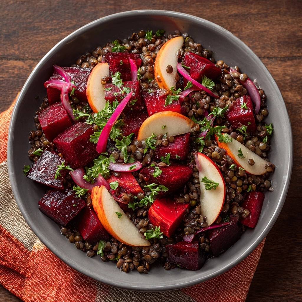 Knackiger Linsen-Rote-Bete-Salat mit Apfel, nahaufnahme der Zutaten und Garnitur im grauen Teller