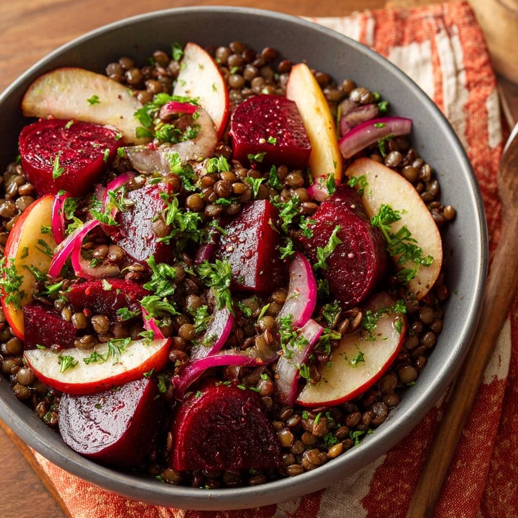 Knackiger Linsen-Rote-Bete-Salat mit Apfel, nahaufnahme der roten Bete, Linsen und Äpfel mit Petersilie garniert.