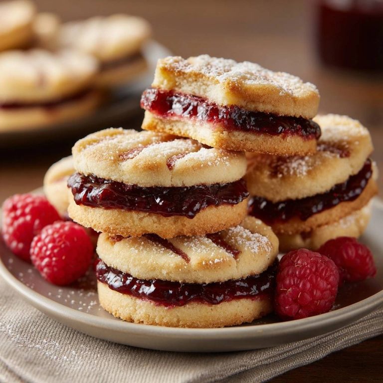 Knusprige Linzer Augen mit Himbeermarmelade, nahaufnahme auf einem Teller mit frischen Himbeeren und Puderzucker bestäubt.