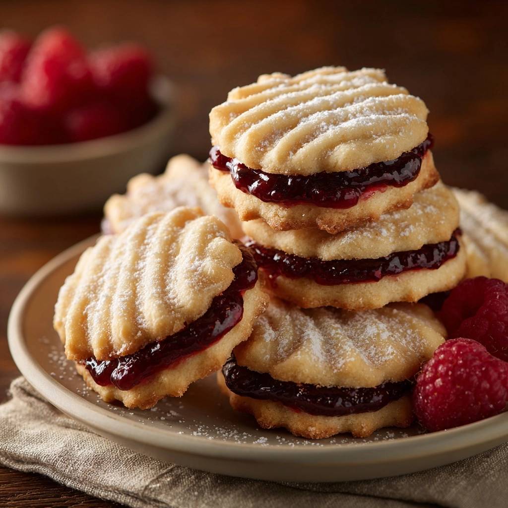 Knusprige Linzer Augen mit Himbeermarmelade, gestapelt und mit Puderzucker bestäubt, Nahaufnahme des Innenlebens.