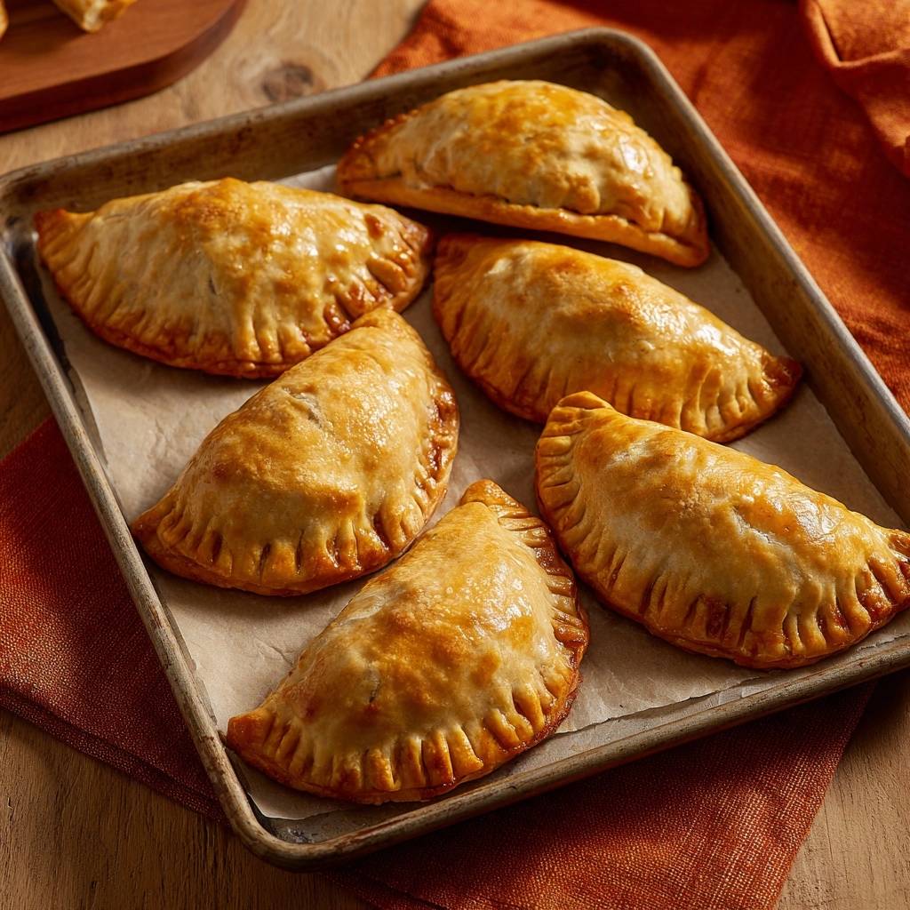 Knusprige Mais-Empanadas frisch aus dem Ofen auf einem Backblech angeordnet.