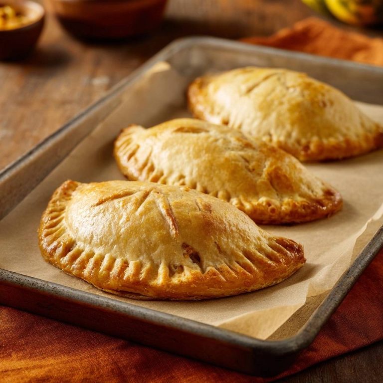 Knusprige Mais-Empanadas frisch aus dem Ofen, auf einem Backblech in Nahaufnahme arrangiert.