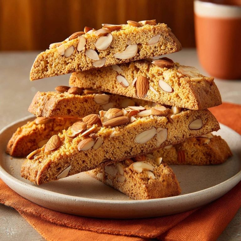 Knusprige Mandel-Cantuccini ohne Bröckeln, gestapelt auf einem Teller und mit ganzen und gehackten Mandeln garniert.