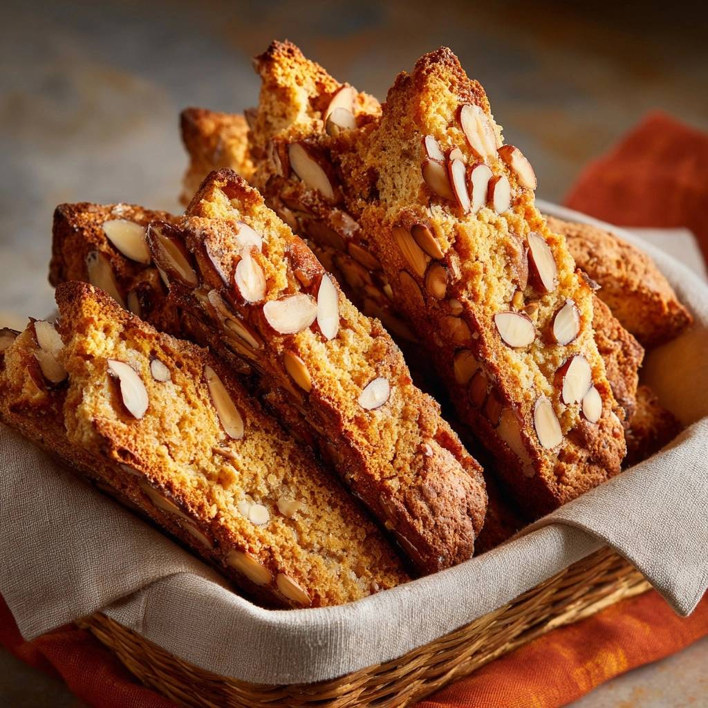 Knusprige Mandel-Cantuccini – ewig knusprig! Nahaufnahme von gebackenen Cantuccini mit Mandeln in einem Korb.