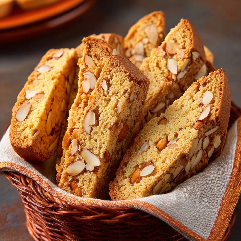 Knusprige Mandel-Cantuccini in einem Korb, Nahaufnahme der vielen Mandelstücken im Gebäck