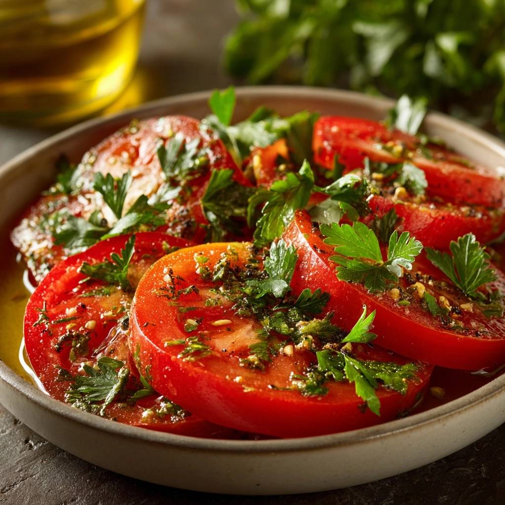 Marinierte Tomaten mit Petersilie, nahaufnahme der garnierten Scheiben in einer Schüssel mit Öl und Kräutern.