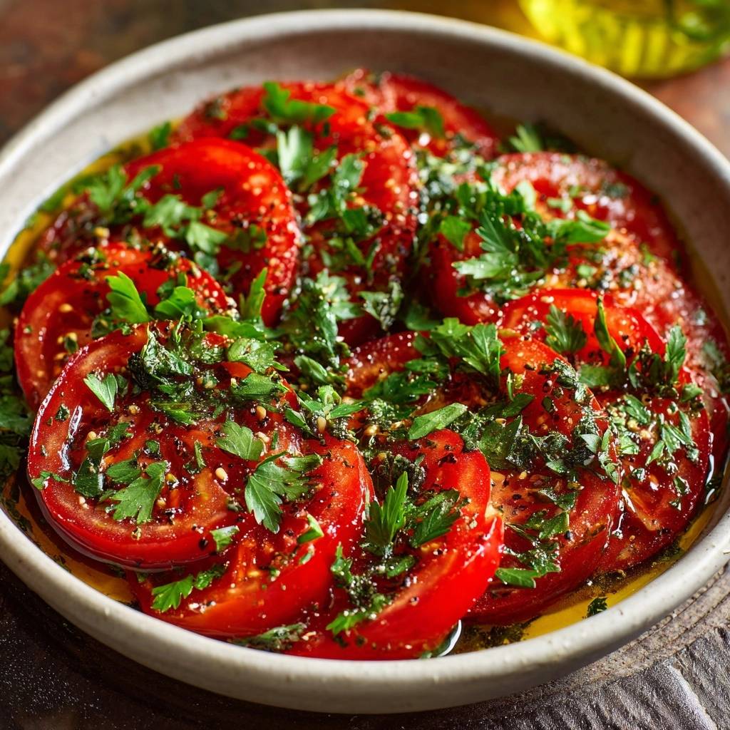 Marinierte Tomaten mit Petersilie als Nahaufnahme, garniert mit frischer Petersilie und Gewürzen.