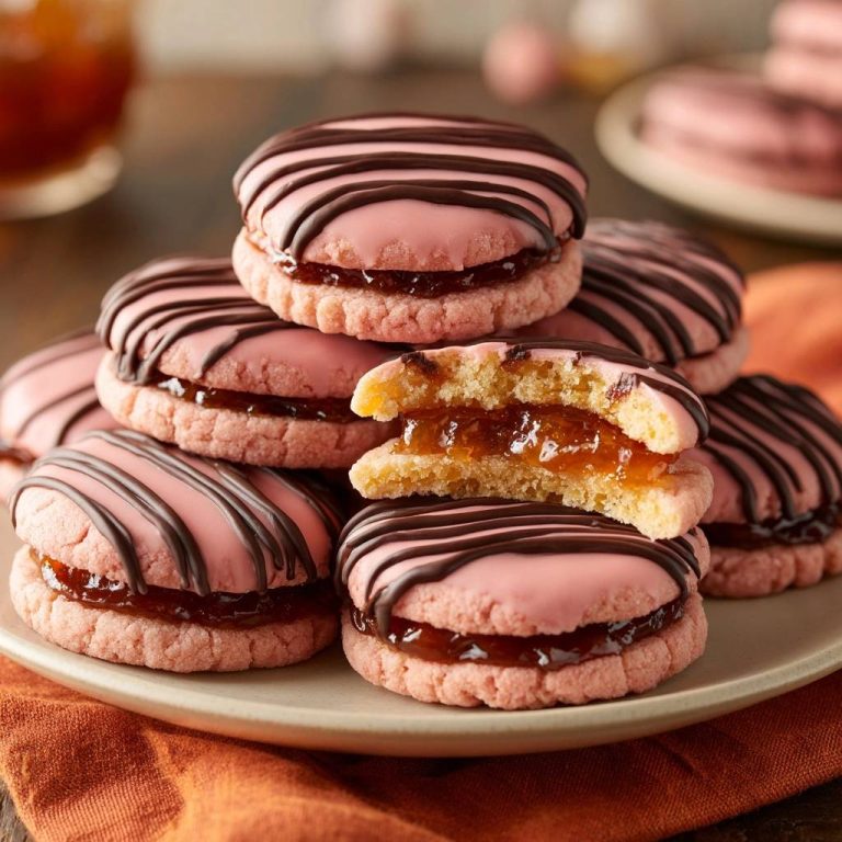 Rosa Marmeladen-Linzer mit Schoko-Streifen, angeschnitten, zeigen das saftige Gelee und den Keks innen.