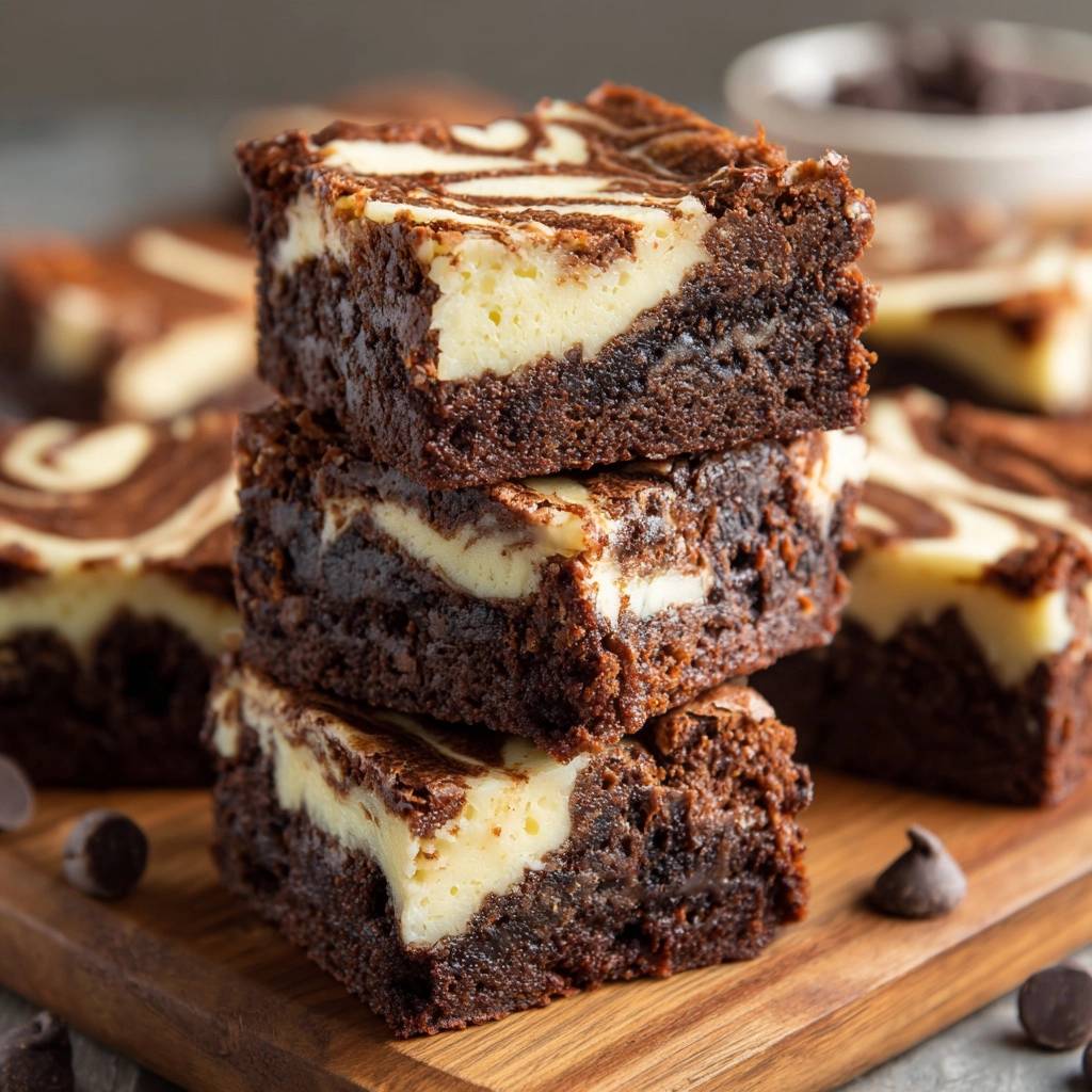 Marmor-Cheesecake-Brownies gestapelt in Nahaufnahme auf einem Holzbrett mit Schokoladenstückchen.