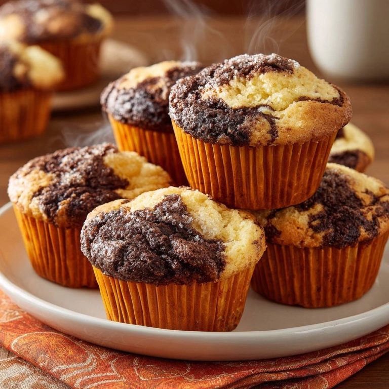 Marmor-Muffins, frisch gebacken und gestapelt auf einem Teller, mit sichtbarem Dampf, der aufsteigt.