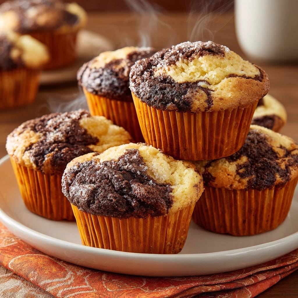Marmor-Muffins, frisch gebacken und gestapelt auf einem Teller, mit sichtbarem Dampf, der aufsteigt.