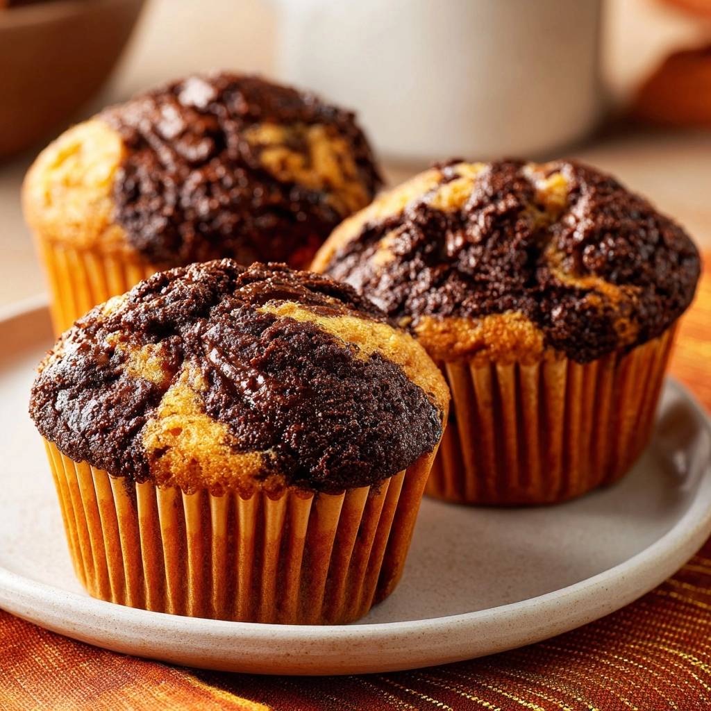 Marmor-Muffins auf einem Teller, mit einem Nahaufnahme-Fokus auf die marmorierte Oberfläche und die goldbraunen Papierförmchen.