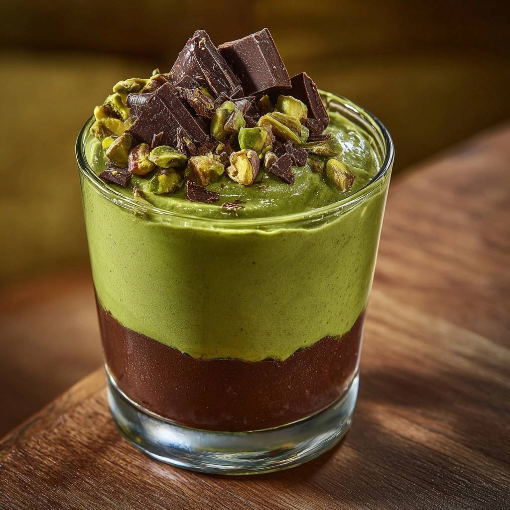 Matcha-Pistazie-Schoko-Parfait mit Schokoladenstückchen und Pistazien garniert in einem Glas serviert