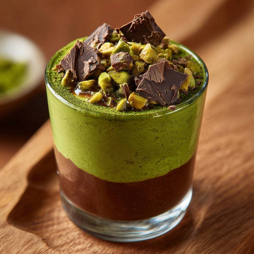 Matcha-Pistazie-Schoko-Parfait, garniert mit Schokoladenstücken und gehackten Pistazien in einem Glas.