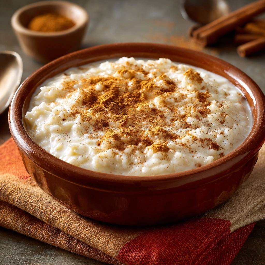 Cremiger Milchreis mit Zimt, eine Nahaufnahme im braunen Topf, mit Zimt bestreut und auf Stoffservietten serviert.