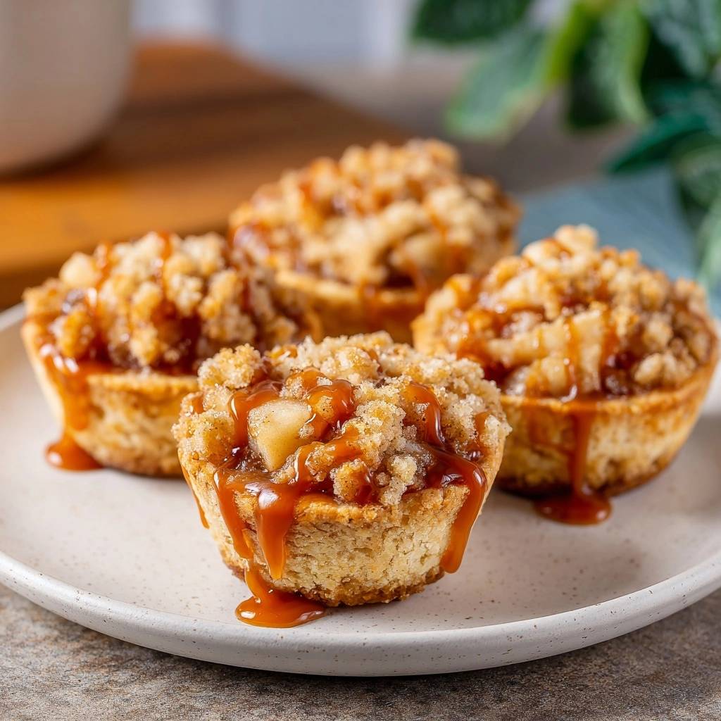 Mini Apfel-Crumble-Törtchen mit Karamellsoße, serviert auf einem Teller mit einem üppigen Karamell-Überzug.