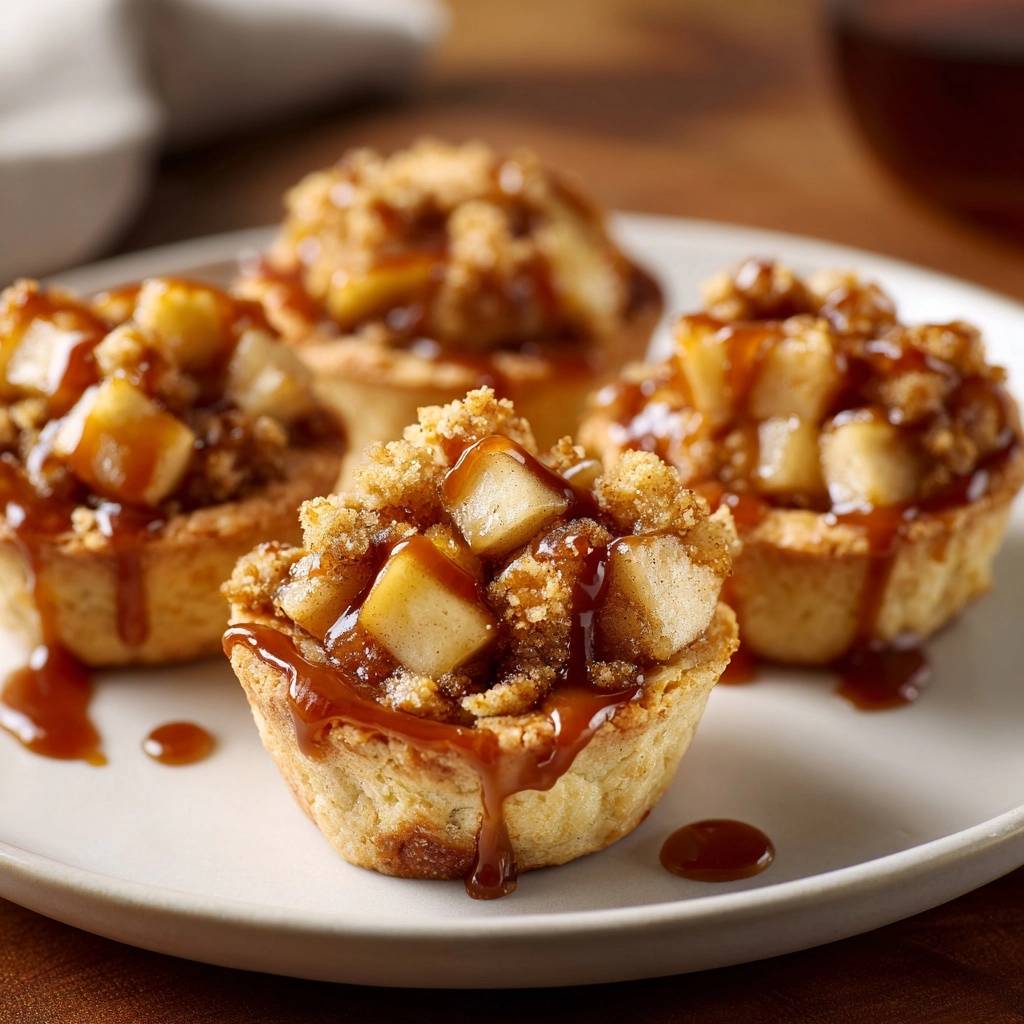 Mini Apfel-Crumble-Törtchen mit Karamellsoße, detailreiche Nahaufnahme mit Karamell-Tropfen auf einem Teller.