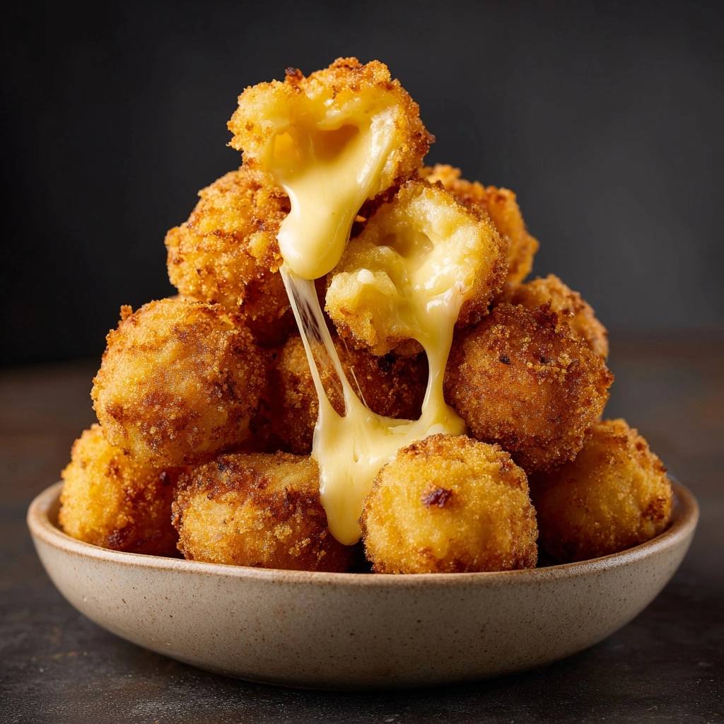 Knusprige Mozzarella-Bällchen mit geschmolzenem Käse, der aus den frisch frittierten Kugeln fließt.