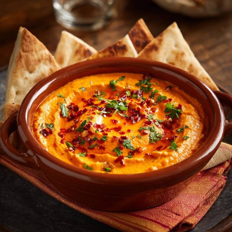 Cremige Muhammara – Orientalischer Paprikadip, garniert mit frischen Kräutern und roten Chiliflocken in einer braunen Schüssel