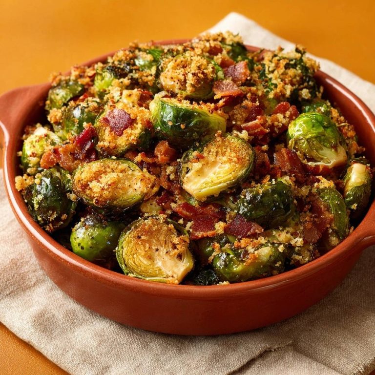 Knuspriger Ofen-Rosenkohl mit Bacon, im Detail mit knusprigem Topping und Speckstücken gezeigt.