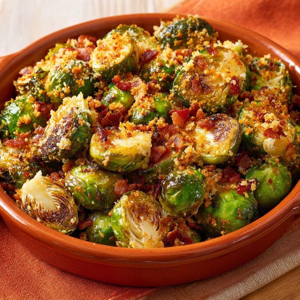 Knuspriger Ofen-Rosenkohl mit Bacon, Nahaufnahme des knusprigen Toppings aus Brotbröseln und Speckwürfeln.