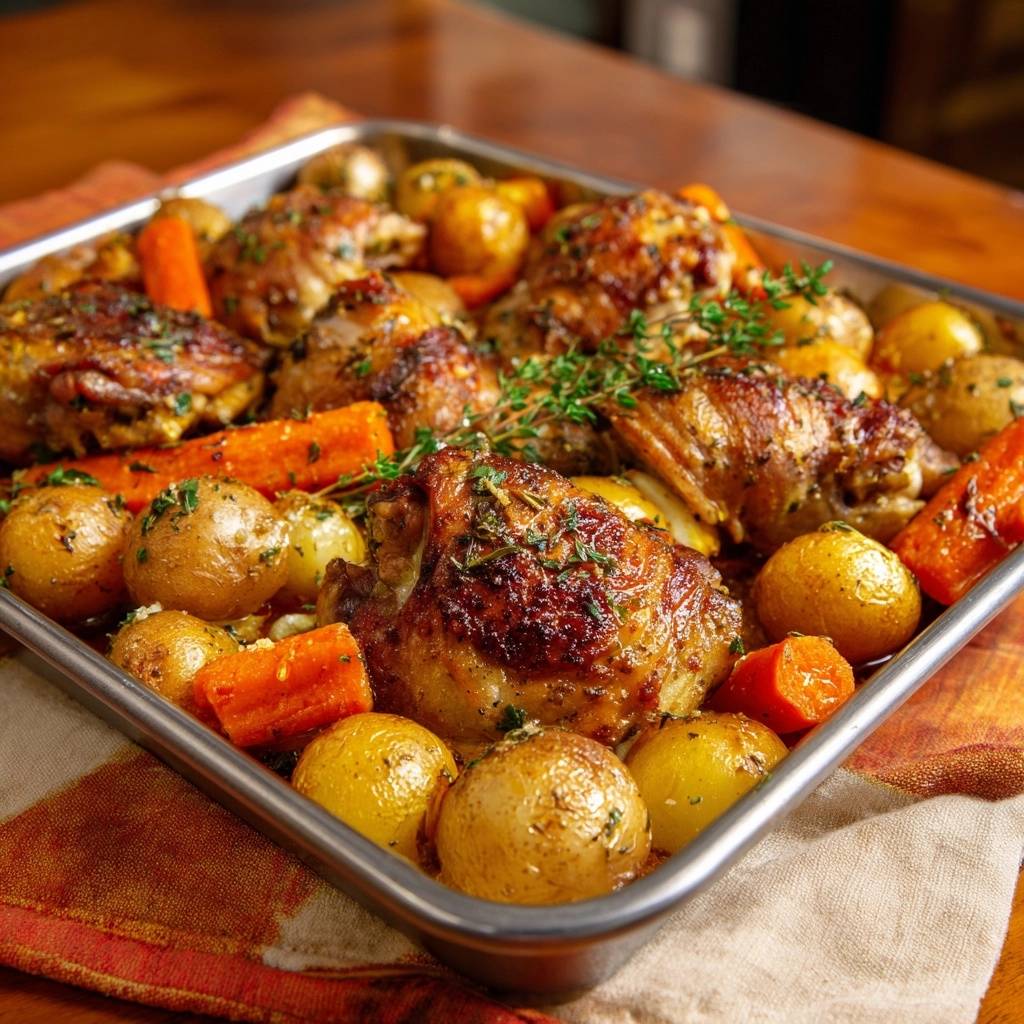 Saftiges Ofenhähnchen mit Babykartoffeln und Karotten, nahaufnahme des auf einem Backblech servierten Gerichts mit Kräutern garniert.