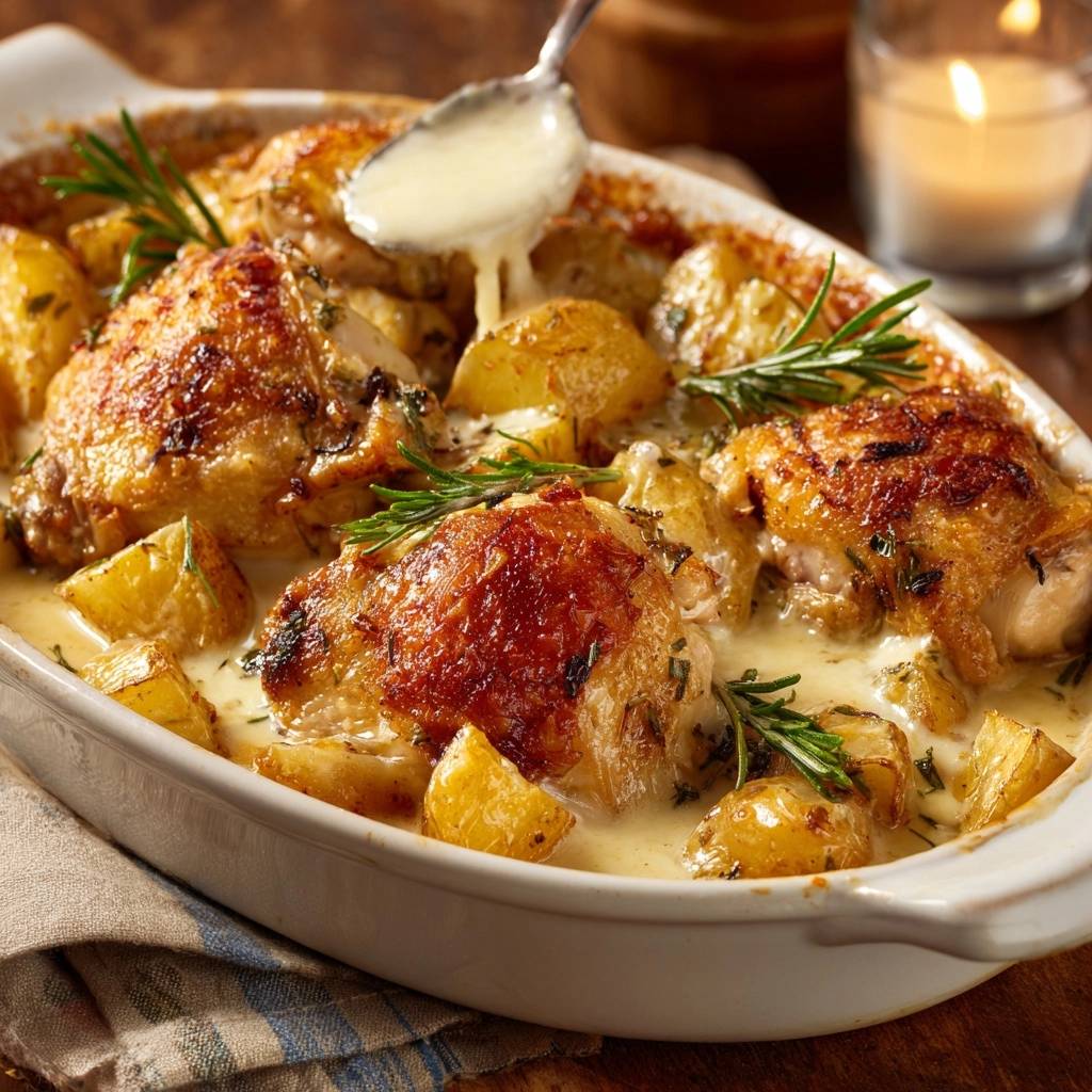 Saftiges Ofenhähnchen mit Rosmarinkartoffeln, übergossen mit cremiger Sauce aus einem Löffel