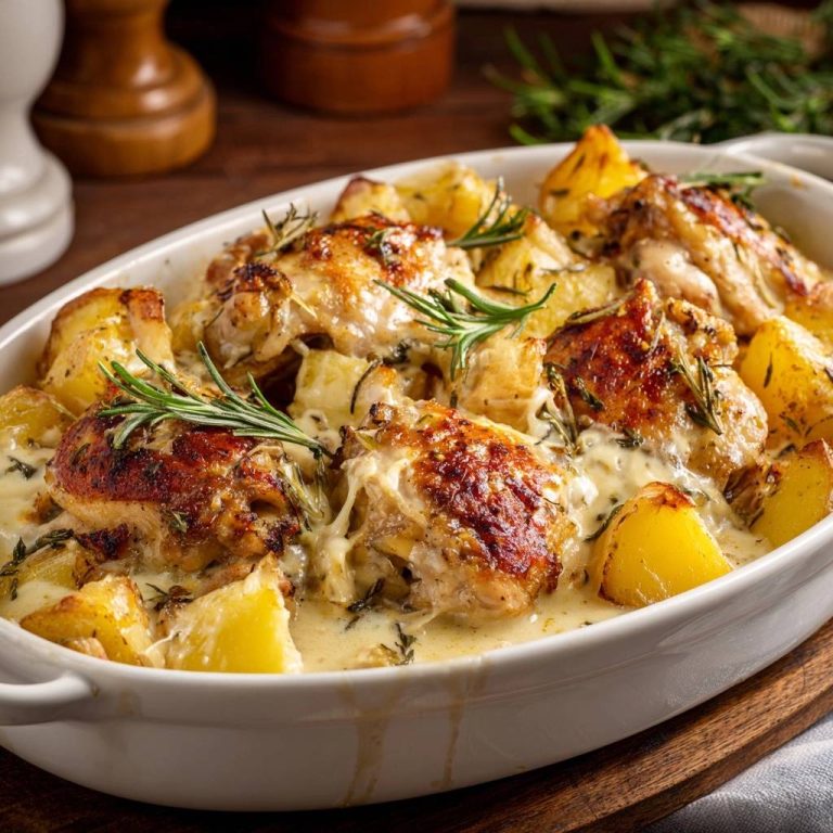 Saftiges Ofenhähnchen mit Rosmarinkartoffeln im Keramikauflauf, mit frischem Rosmarin garniert und cremiger Sauce übergossen.