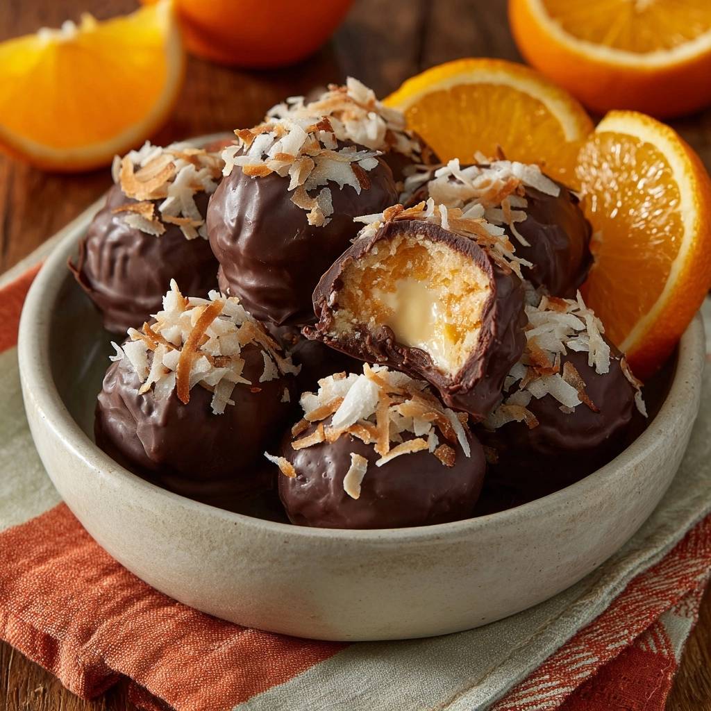 Orangen-Kokos-Schoko-Trüffel Rezept angeschnitten, zeigt cremige Füllung und Kokosraspeln auf dunkler Schokolade.