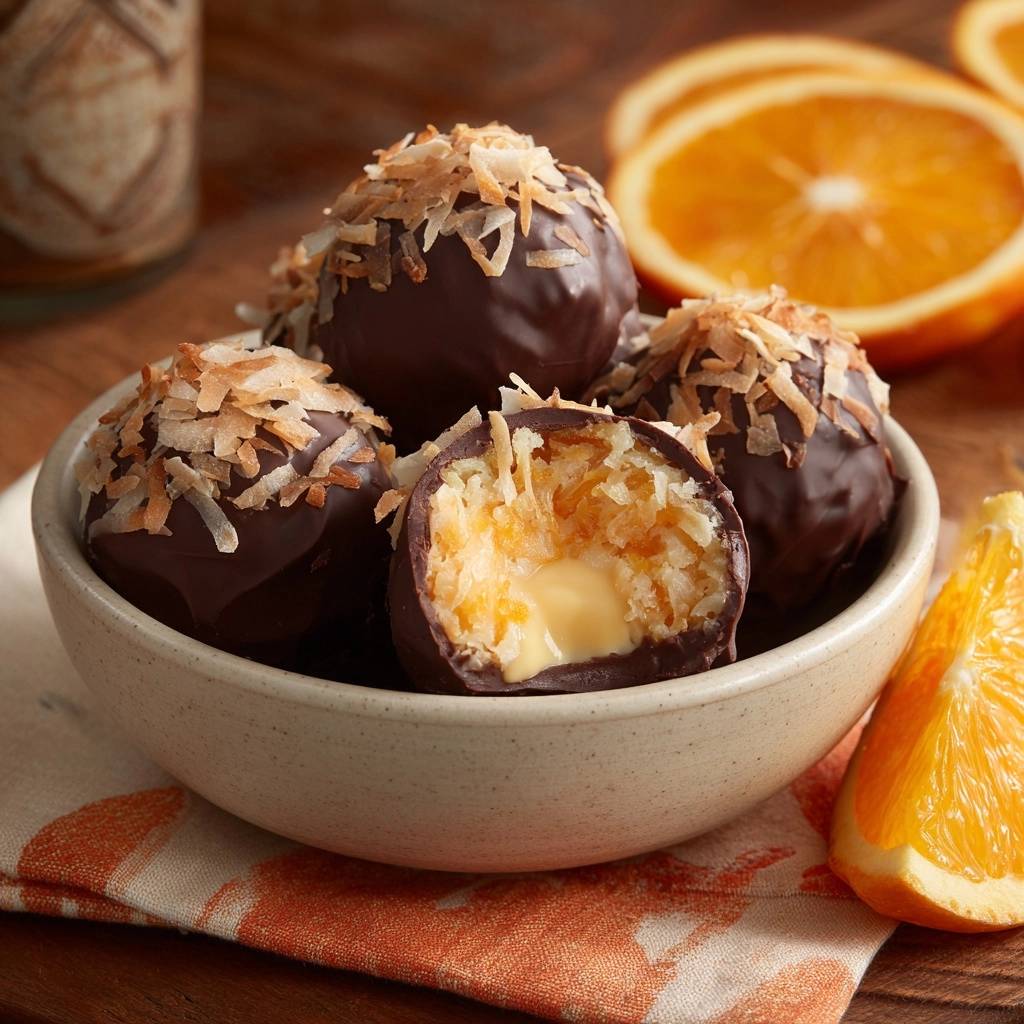 Orangen-Kokos-Schoko-Trüffel angeschnitten, die das cremige Innere und die Kokosfüllung zeigen, umgeben von Orangenstücken.