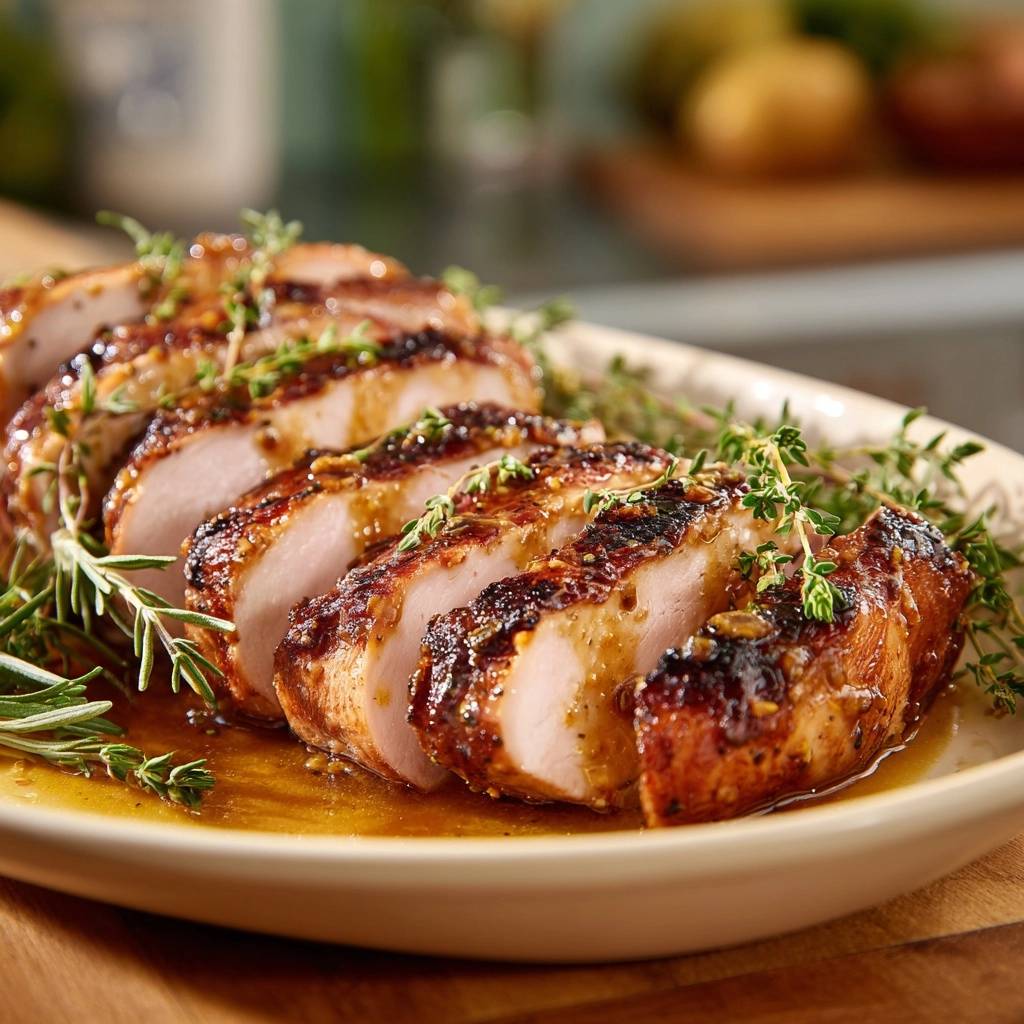 Orangen-Thymian-glasiertes Schweinefilet, saftig und angeschnitten mit frischen Kräutern garniert auf einem Teller