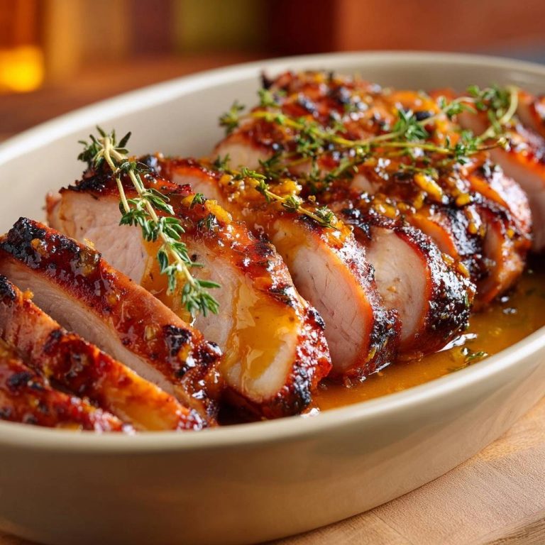 Orangen-Thymian-Glasiertes Schweinefilet, saftig angeschnitten und mit frischem Thymian garniert, in einer ovalen Form serviert.