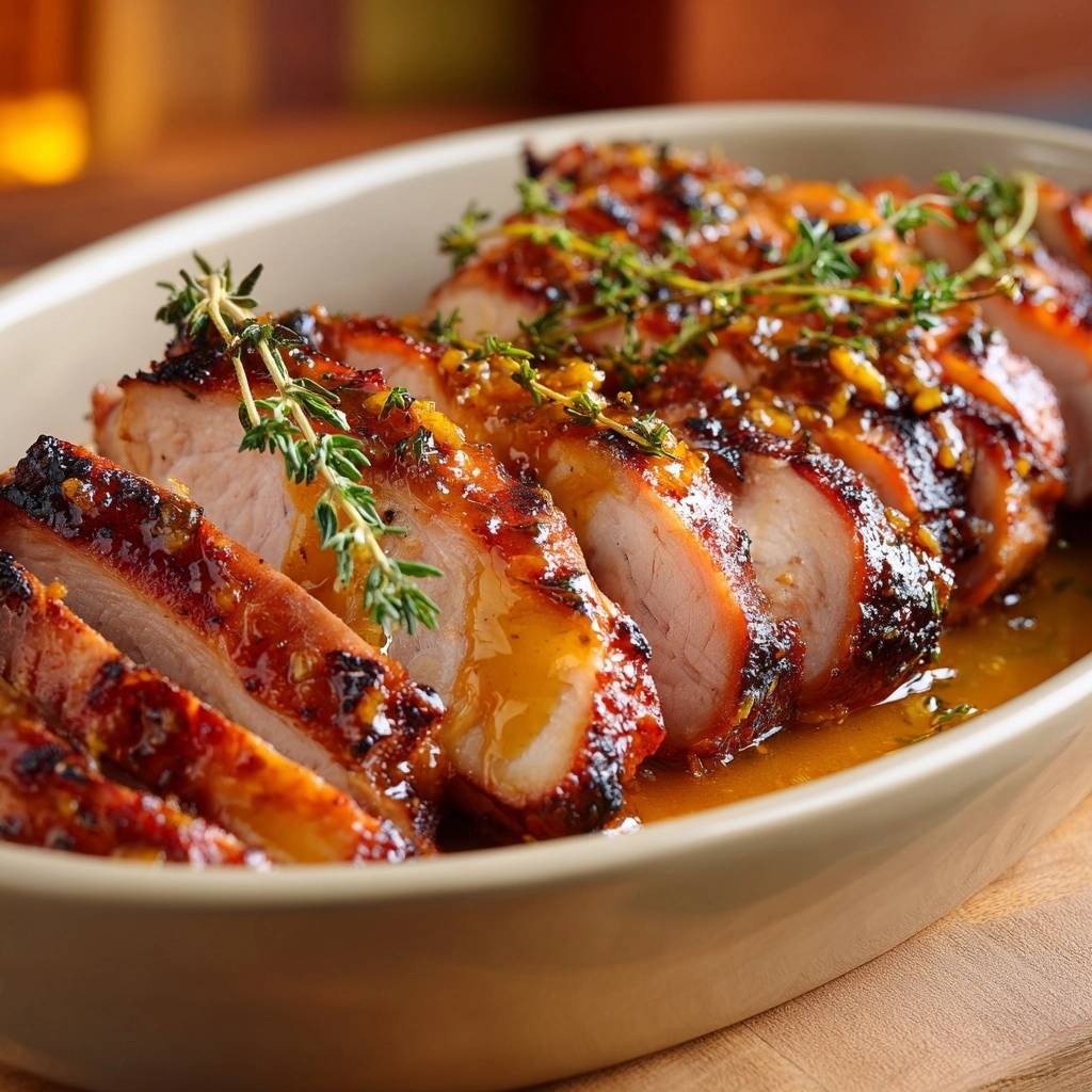 Orangen-Thymian-Glasiertes Schweinefilet, saftig angeschnitten und mit frischem Thymian garniert, in einer ovalen Form serviert.