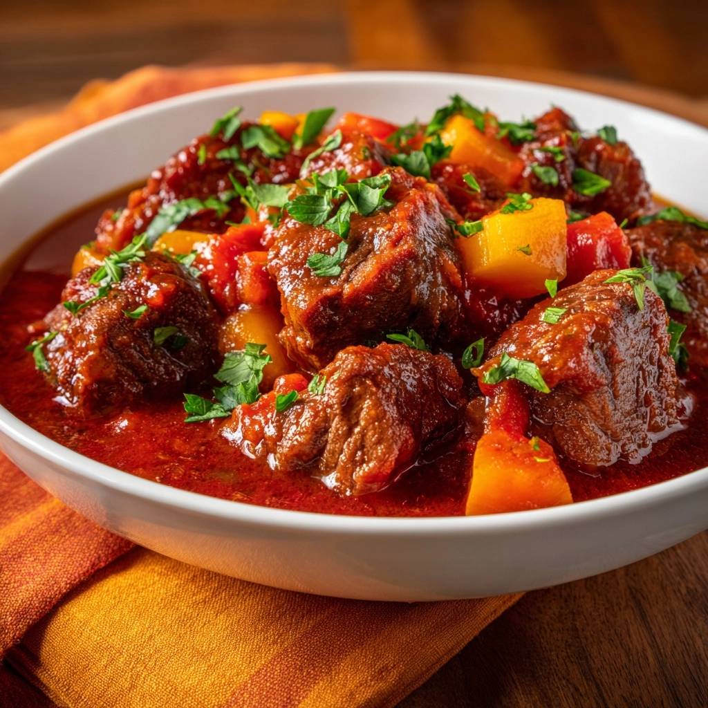 Paprika-Ananas-Rindergulasch, ein herzhaftes Gericht mit zarten Rindfleischstücken und Ananas, garniert mit frischer Petersilie.