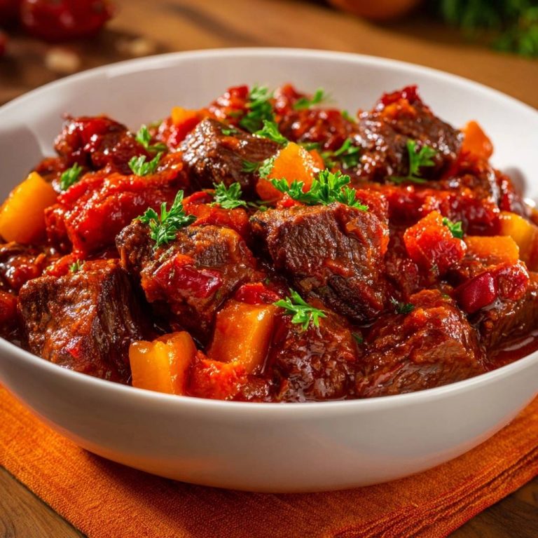 Paprika-Ananas-Rindergulasch in einer weißen Schüssel, nahaufnahme mit frischer Petersilie garniert