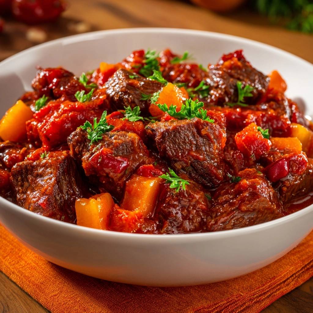 Paprika-Ananas-Rindergulasch in einer weißen Schüssel, nahaufnahme mit frischer Petersilie garniert