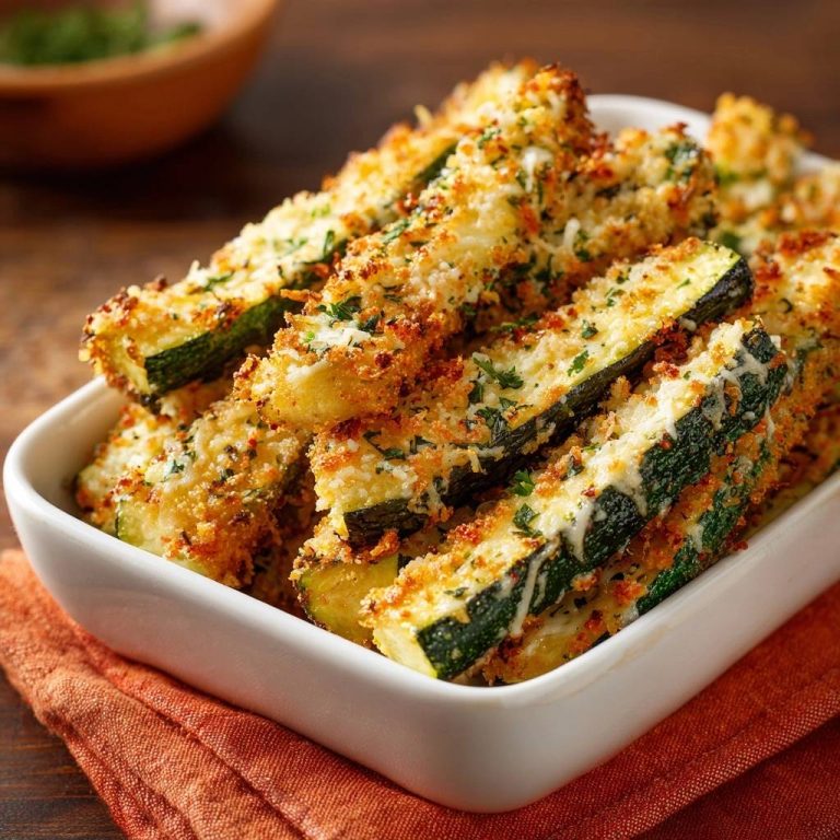 Knusprige Parmesan-Zucchini-Sticks, nahaufnahme der panierten und gebackenen Sticks in einer weißen Schüssel.