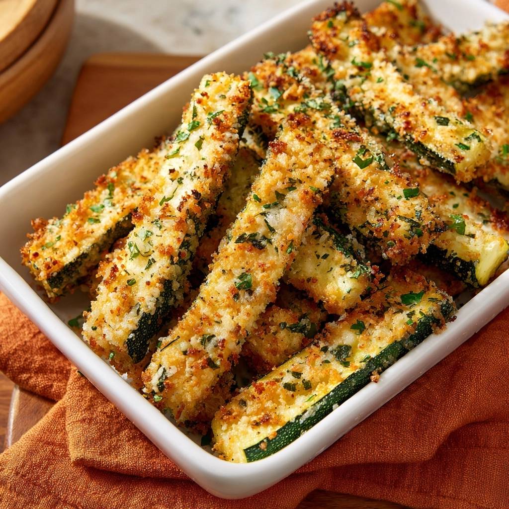 Knusprige Parmesan-Zucchini-Sticks als Nahaufnahme in einer weißen Schale, perfekt zubereitet und mit Petersilie garniert.
