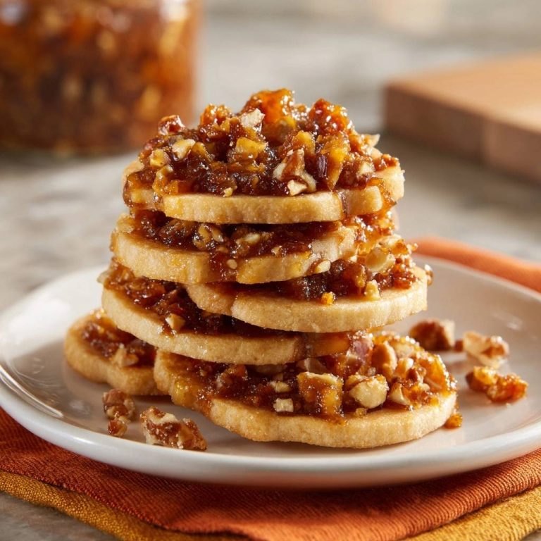 Pekannuss-Shortbread-Türmchen mit einem detaillierten Blick auf das karamellisierte Nuss-Topping und die Schichten.