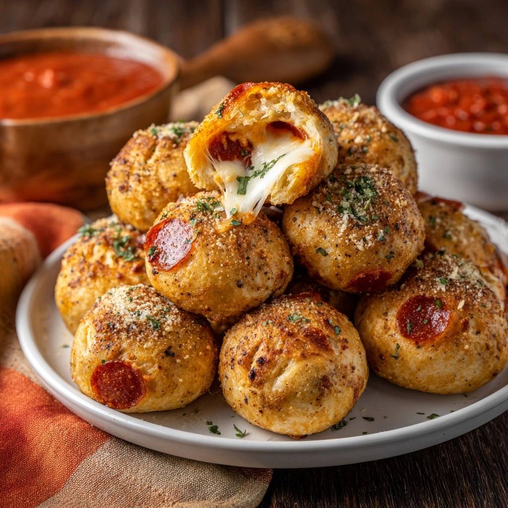 Pepperoni-Käse-Bällchen angeschnitten mit geschmolzenem Käse und Peperoni, serviert mit Dip.