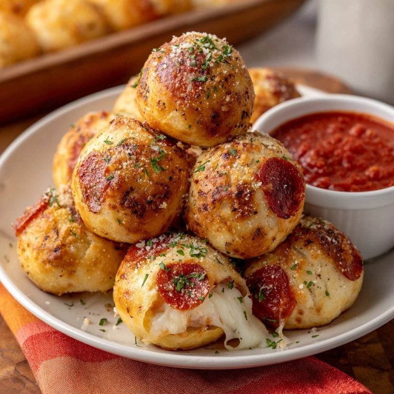 Pepperoni-Käse-Bällchen mit auslaufendem Käse, serviert mit Tomatensoße auf einem Teller
