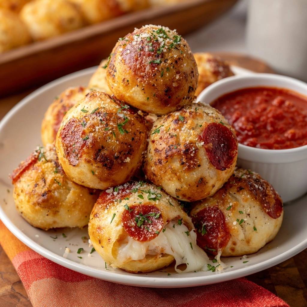 Pepperoni-Käse-Bällchen mit auslaufendem Käse, serviert mit Tomatensoße auf einem Teller