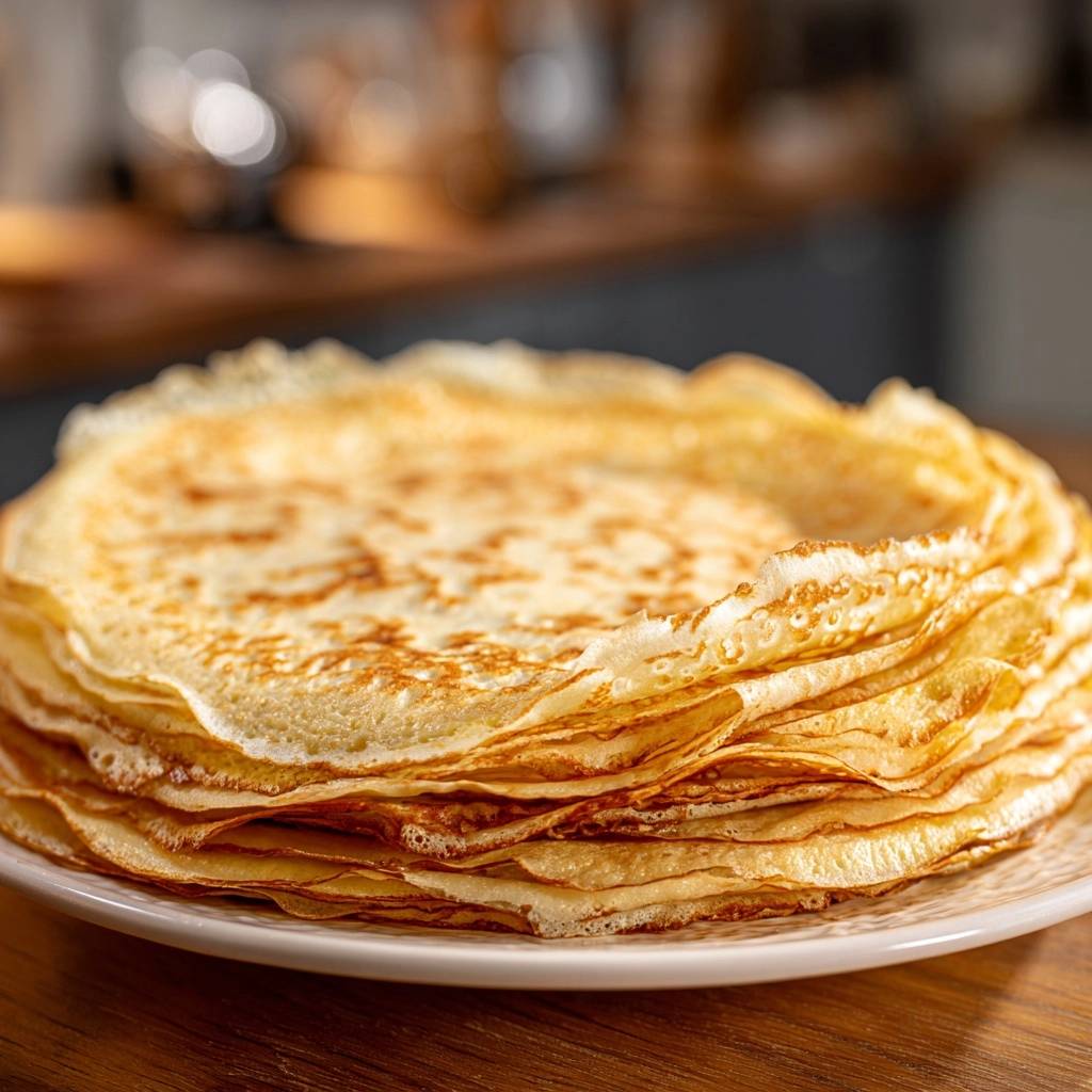 Perfekte Crêpes, gestapelt auf einem Teller, mit einer Nahaufnahme der goldenen, leicht unebenen Oberfläche und Ränder.
