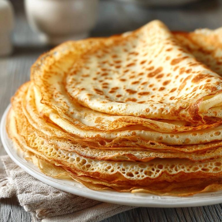 Perfekte Crêpes, gestapelt auf einem Teller, mit Fokus auf die goldbraune und leicht durchbrochene Textur der Oberfläche.