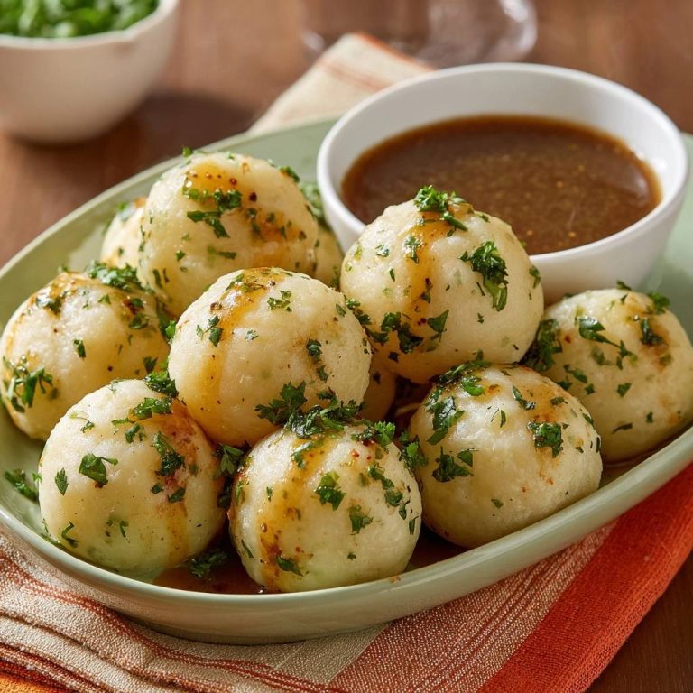 Perfekte Petersilien-Kartoffelknödel mit Bratensoße, garniert mit frischer Petersilie und Soße, auf einem Teller serviert.