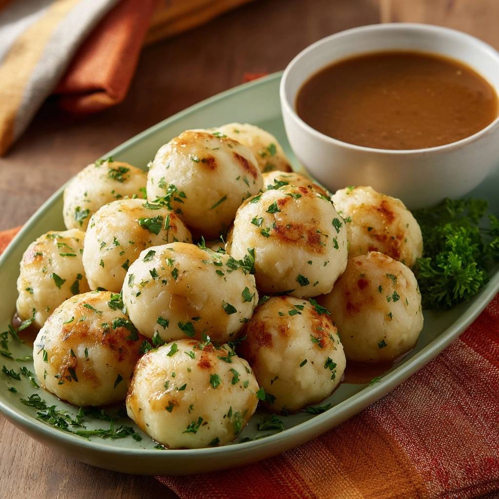 Perfekte Petersilien-Kartoffelknödel mit Bratensoße, serviert auf einer grünen Platte mit Petersilie garniert.